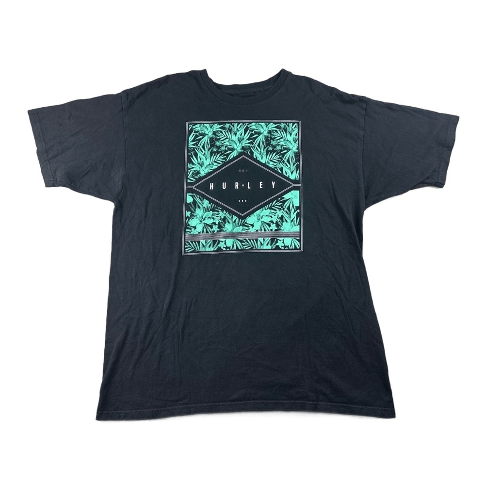 Hurley T-Shirt Men XL Black Split Flower T-Shirt Floral Tropical Skate Beachwear